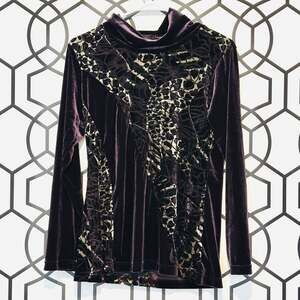 Clara Yoon Plum Velvet & Animal Print Turtleneck Top Size Small